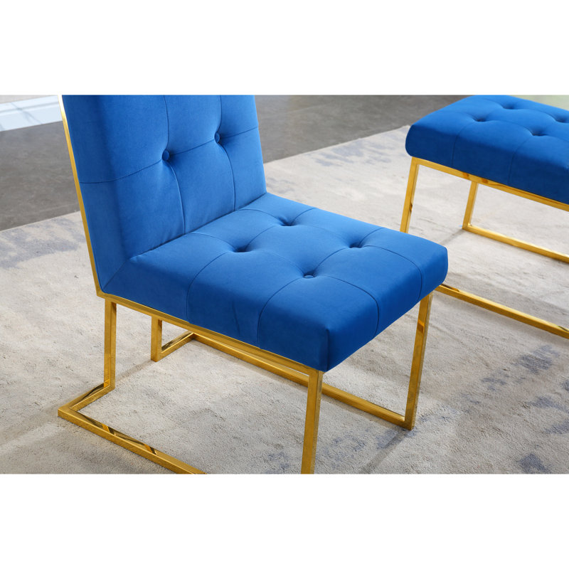 2 chaises de salle à manger modernes avec revêtement en velours et base en acier inoxydable doré, 2 chaises de couleur bleue avec base en acier, à déployer rapidement