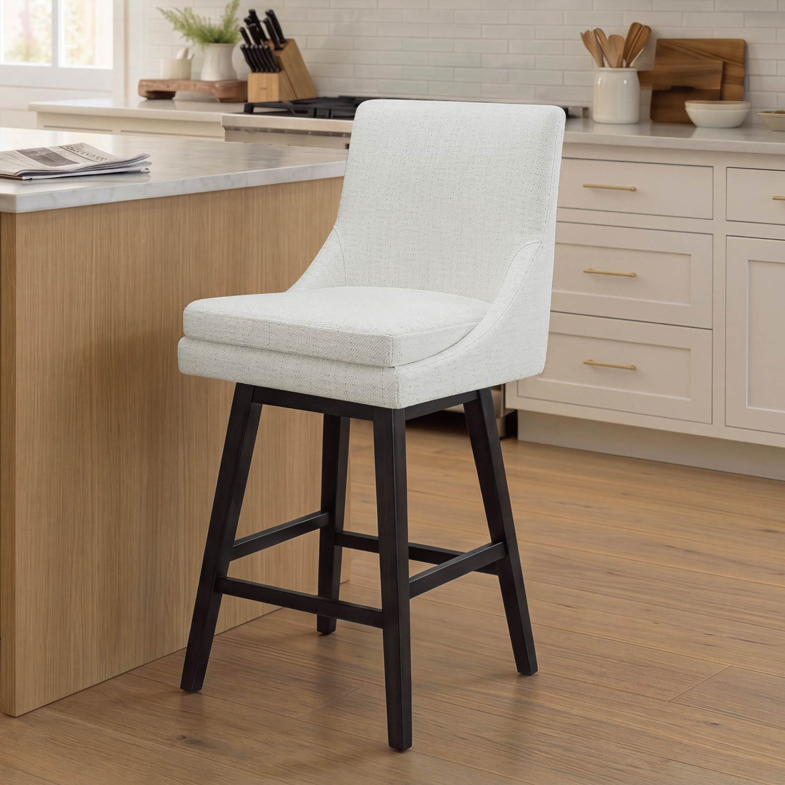 Zahara Swivel Bar and Counter Stool, Bar Stool (30” Seat Height), White Polyester/Brown