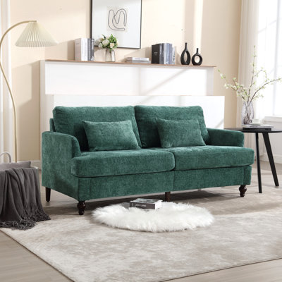 Canapé en chenille de style Mid-Century moderne en tissu, canapé 2 places rembourré avec canapé moderne pour le salon, canapé avec pieds en bois brun pour la chambre à coucher, Chenille émeraude