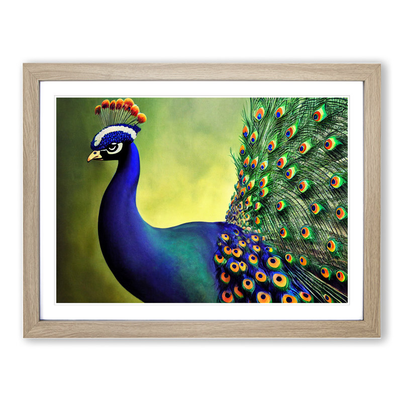 Fine Peacock - Single Picture Frame Print, 25cm H x 34cm W x 2cm D, Oak Framed