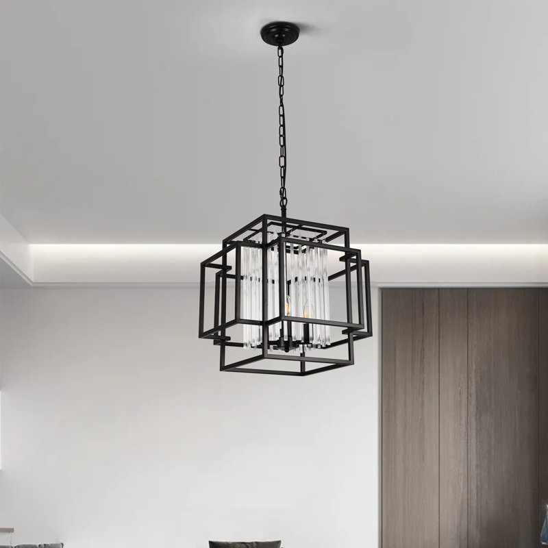 Luminaire suspendu géométrique noir 4 lumières avec détails en cristal transparent