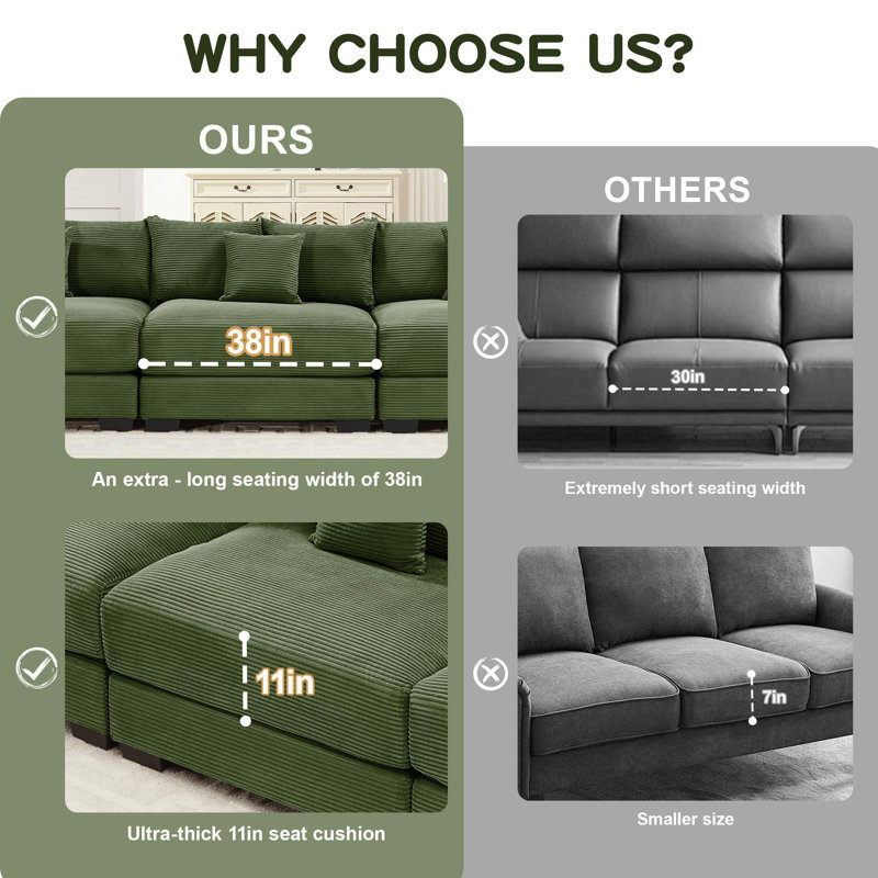 Oversized Cloud Modular L-Shape Sectional Couch, Green Corduroy