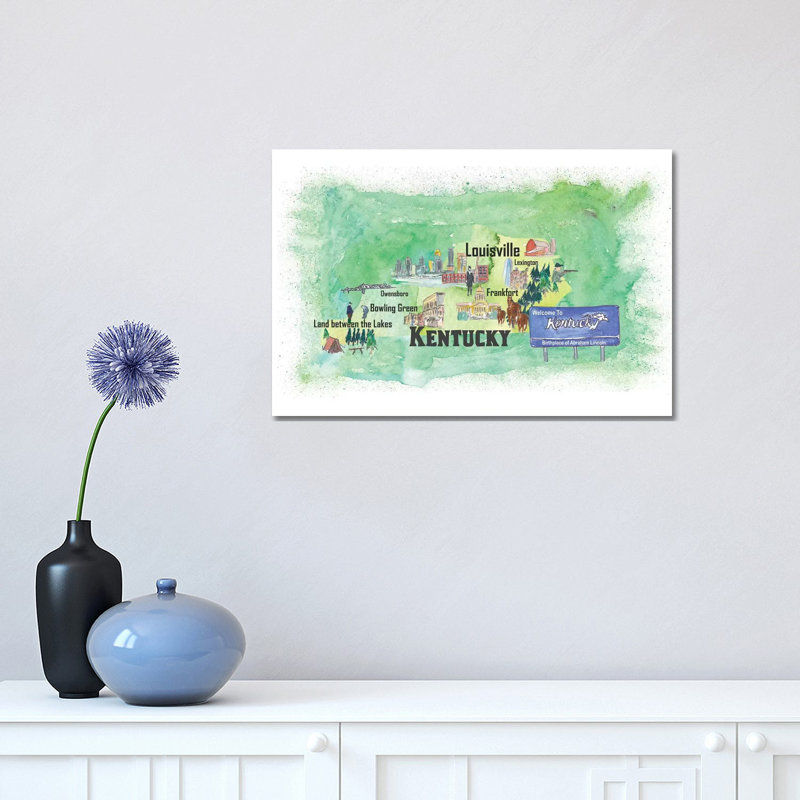 Kentucky Illustrated Travel Poster 1 Piece Wrapped Canvas Wall Art, 30.48 cm H x 45.72 cm W