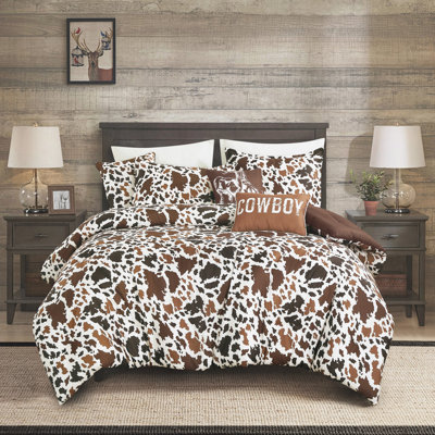 Ensemble d'édredon 6 pièces à imprimé vache, literie de cowboy de l'Ouest avec coussins décoratifs, motif de peau de vache brun et blanc ， Très grand