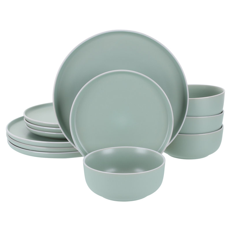 Sage and White Ceramic 12-Piece Dinnerware Set, Service for 4