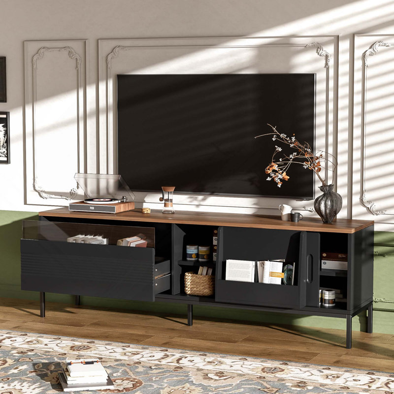 Meuble télé Mid-Century avec portes coulissantes et tablettes réglables pour téléviseurs de 75 po ou moins, Black
