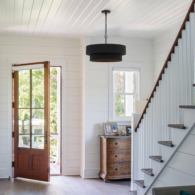 Luminaire suspendu en rotin noir tissé à la main 20 po Boho, Noir, Noir