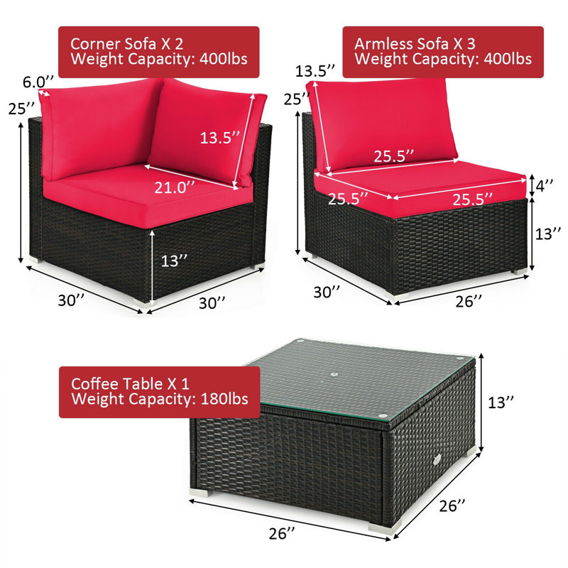 Ensemble de conversation 6 pièces avec canapé en rotin et coussins, Rouge