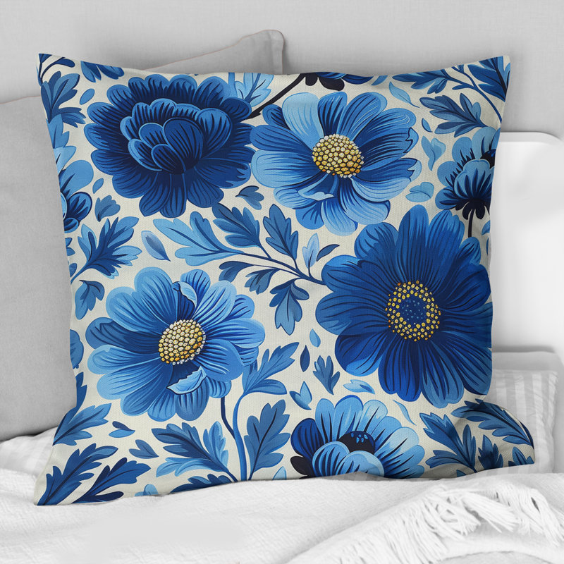 Cobalt Blue Floral Transitional VI - Transitional Throw Pillow, 16"H x 16"W