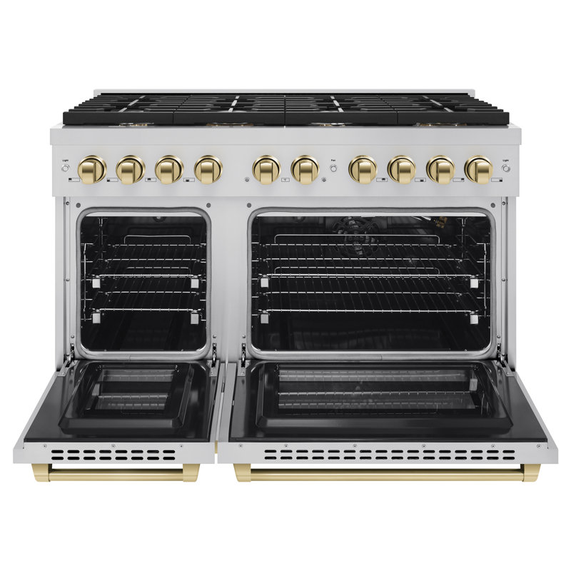 Cuisinière à gaz ZLINE Autograph Edition de 48 po avec 8 brûleurs ZLINE, Gaz naturel, Gris / doré poli