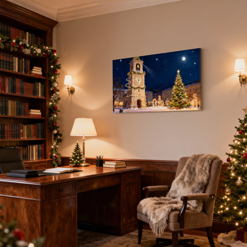 Scène de nuit de Noël avec tour de l'horloge et arbre, ensemble de 3 impressions sur toile, H 16 po x l 24 po