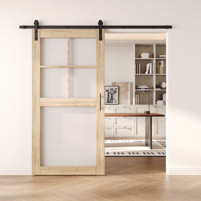 Porte de grange en verre givré non assemblée et non assemblée de 36 po x 80 po 5 pièces avec quincaillerie d'installation sans dérivation Homacer, rail de 6,6 pi, usage intérieur seulement