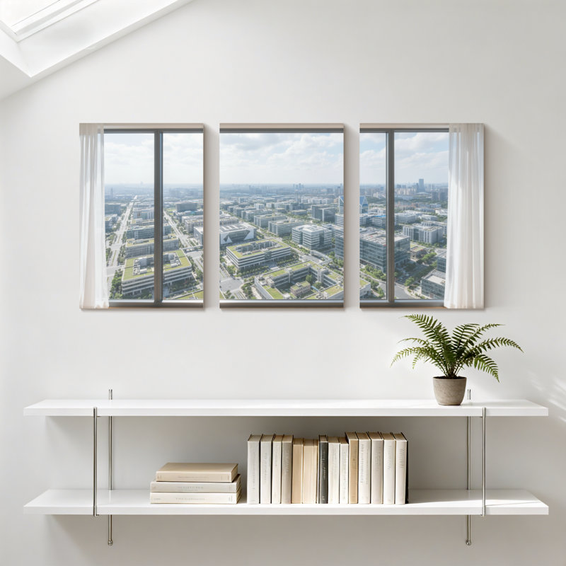 Scénario et paysages urbains, paysage urbain, architecture moderne, paysage urbain, fenêtre panoramique, ensemble de 3 impressions sur toile