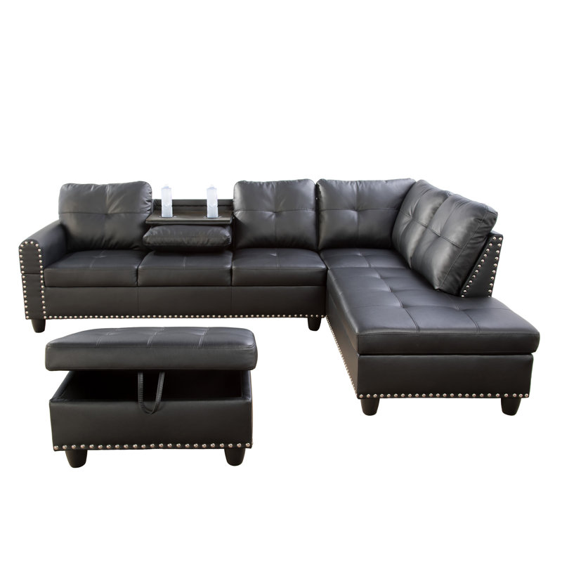 Ensemble de canapé confortable 3 pièces en similicuir noir, Similicuir noir