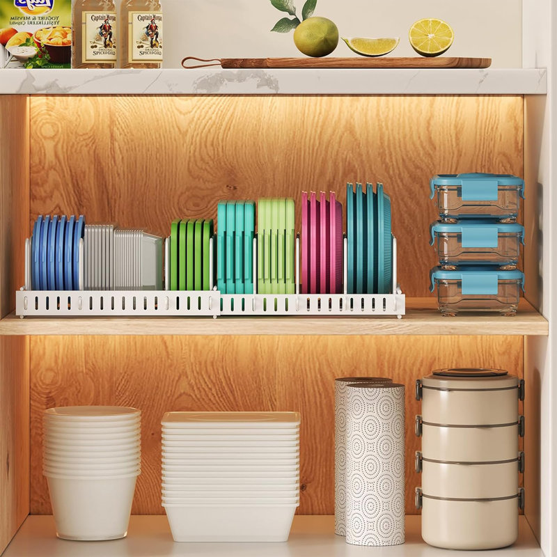 Organisateur de couvercle extensible avec 11 compartiments réglables et 10 séparateurs sans outils - rangement pour armoires de cuisine en acier au carbone robuste pour casseroles, poêles, couvercles, planches à découper et plaques à pâtisserie.