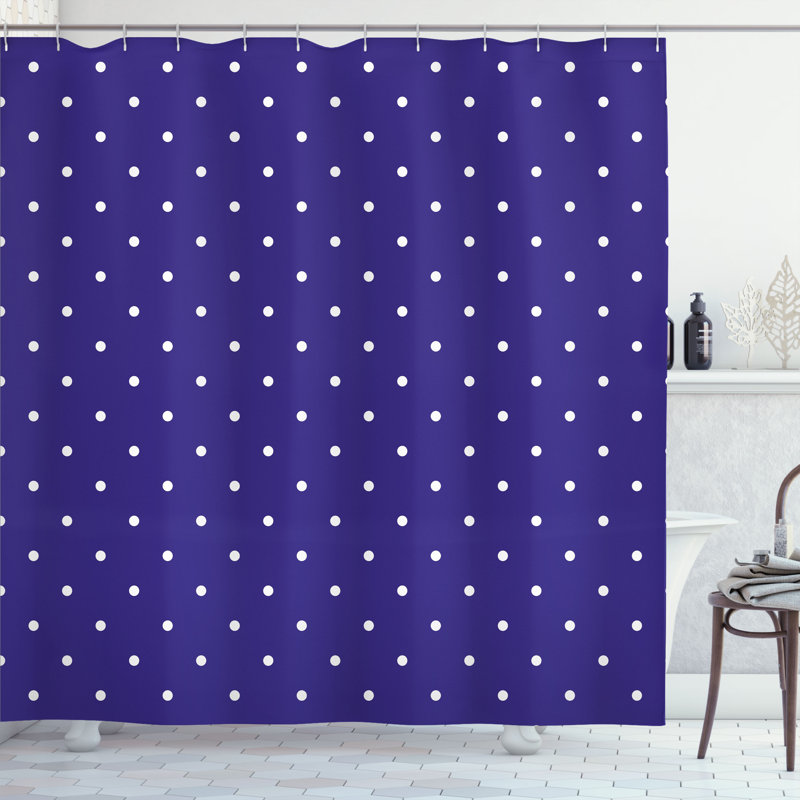 Navy Blue Polka Dot Fabric Shower Curtain with Hooks