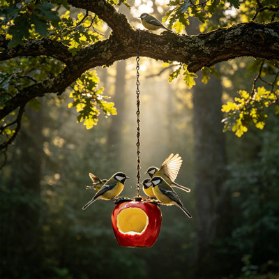 Resin Apples Hanging Bird Feeder Outdoor Garden Decorative Fruit-Shaped Feeder, Red