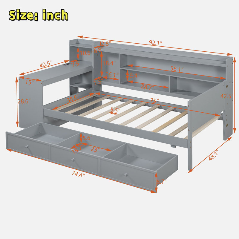 Wooden Daybed With 3 Drawers, Usb Ports And Desk, Gray, Twin