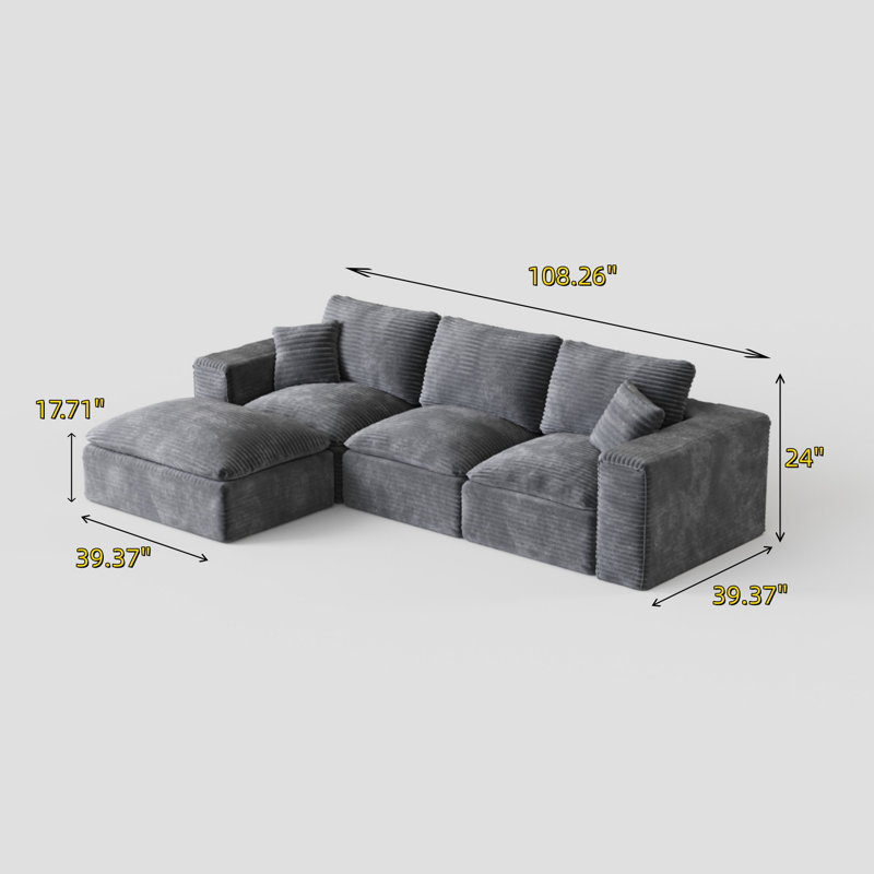 Canapé modulaire en tissu velours côtelé de 108 pouces à 3 places, Gris