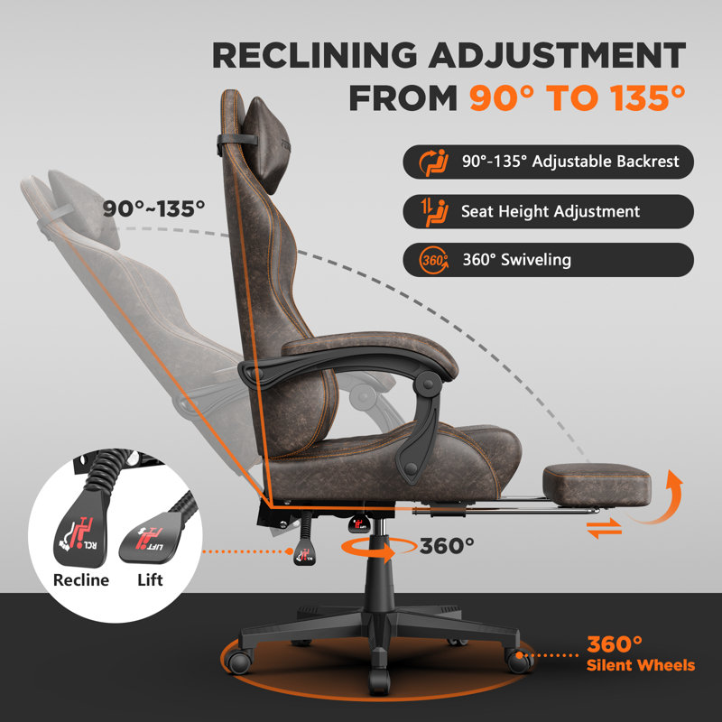 Fauteuil de jeu ergonomique avec repose-pieds et appui-tête de massage Soontrans, avec repose-pieds, fauteuil de jeu rétro pour adultes et enfants, brun