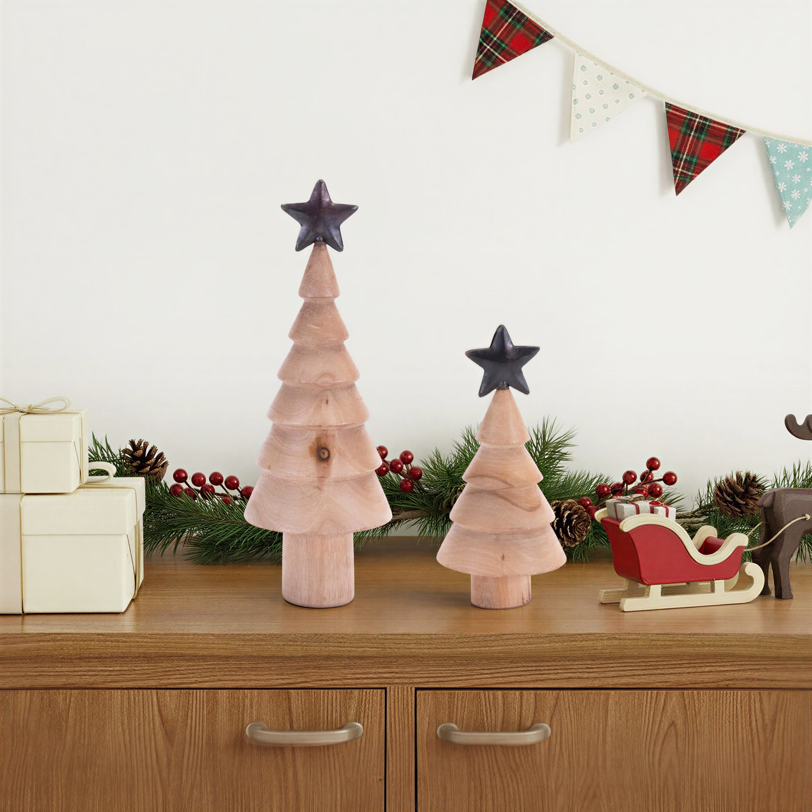 Natural Wood Tree with Metal Star (Set of 2)