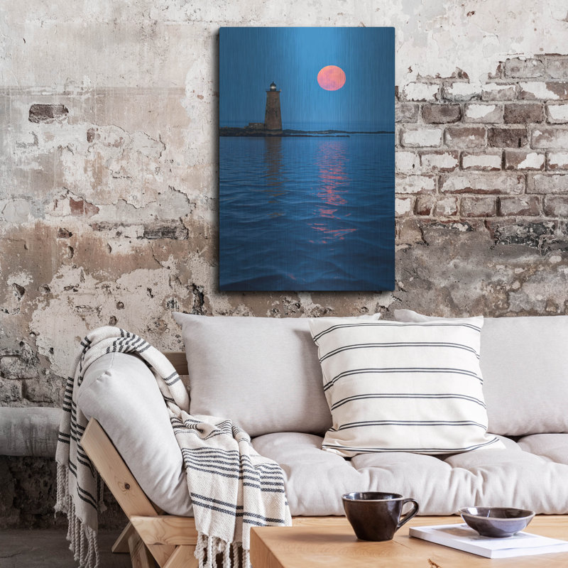 «Full Moon Over Whaleback Light» par Rick Berk, art mural en métal, H 36 po x l 24 po