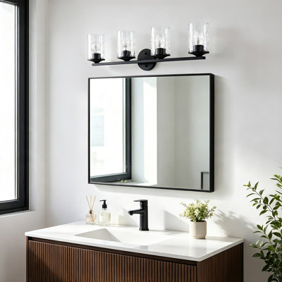  4 lumières 30 po Éclairage pour meuble-lavabo noir mat avec abat-jour en verre transparent martelé