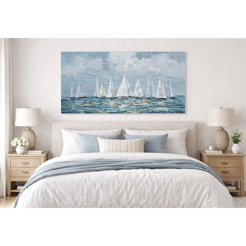 Modern Coastal Sailboat Canvas Wall Art, Blue Ocean Painting, Large Horizontal Wall Decor, 27.5" H x 55" W x 1.5" D