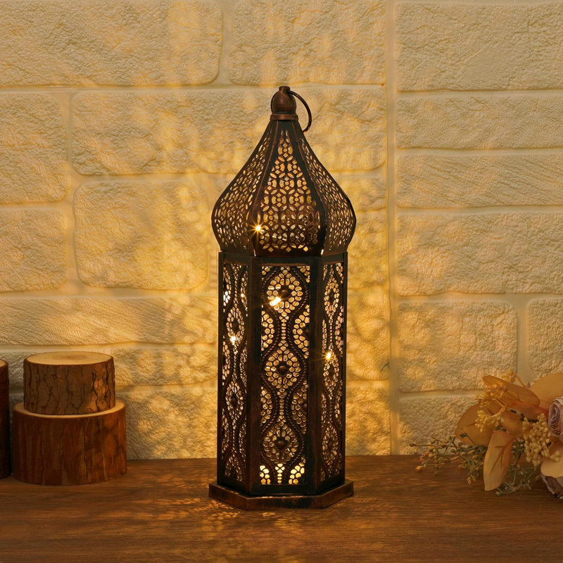 Moroccan Style Temple Hollow Iron Lantern, Vintage Ramadan Lamp Home Decoration Lights Ornaments,Hanging Metal Battery Operated for Table Indoor Decor