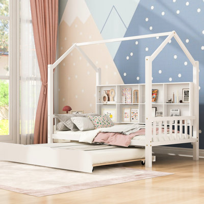 White Twin House Bed With Trundle And Shelf, Frame, Semi - Enclosed Sleeping Playing Space Wooden Trundle, Shelf For , Roof A Dreamy Look