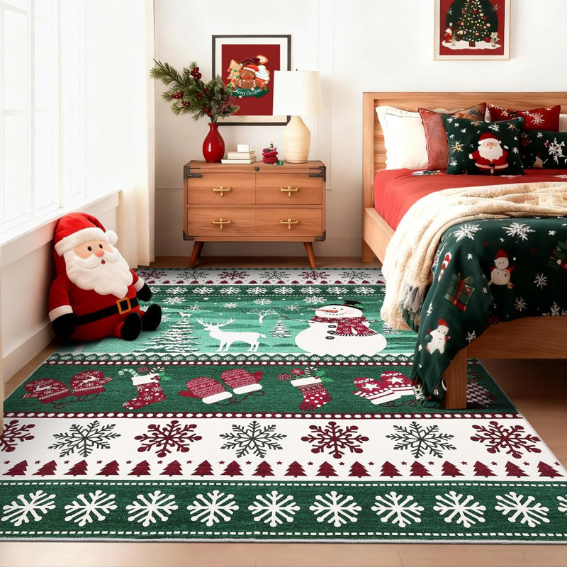2x6 Christmas Runner Rug – Washable, Non-Slip, Santa & Reindeer Print, Low Pile, Foldable Carpet for Hallway, Kitchen, Bedside (Grey)