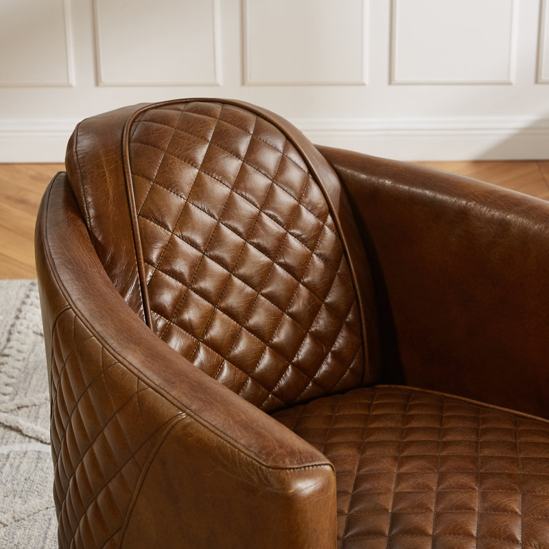 Paynesville Tufted Genuine Leather Upholstered Accent Arm Barrel Chair, Cognac Distressed