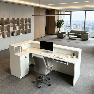 78.74" White L-Shaped Reception Desk with Spacious Desktop, Modern Office Front Counter and Computer Desk