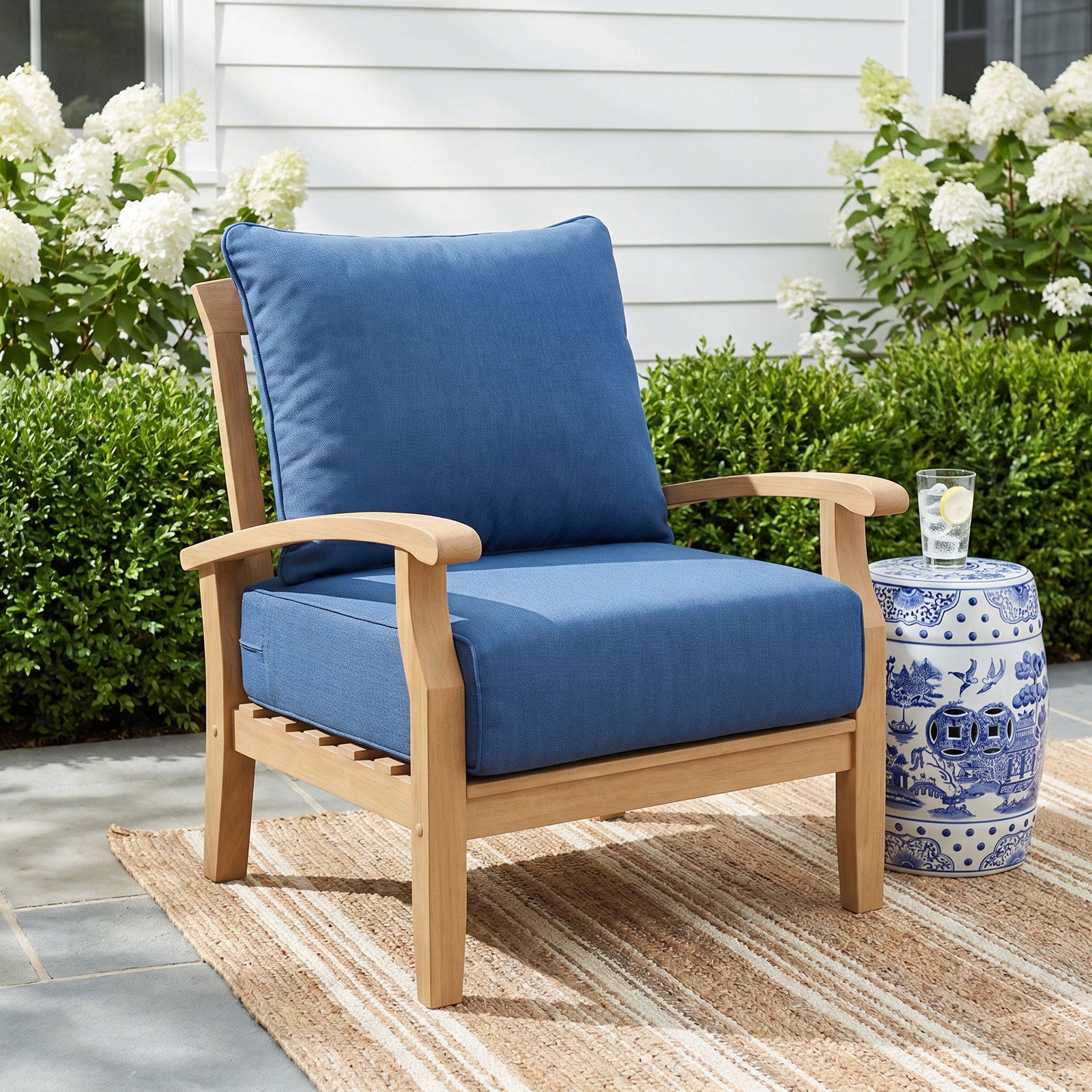 Summerton Teak Patio Lounge Chair, Brown Frame/Navy Performance Olefin Cushion