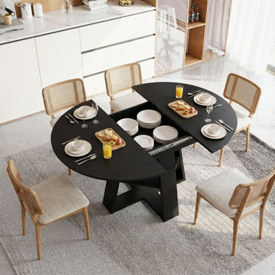 43.3in-59in Extendable Round Dining Table for 4-8,Modern Kitchen Oval Dining Table with Removable Leaves Space Saving,Wood Base with Storage Shelf for