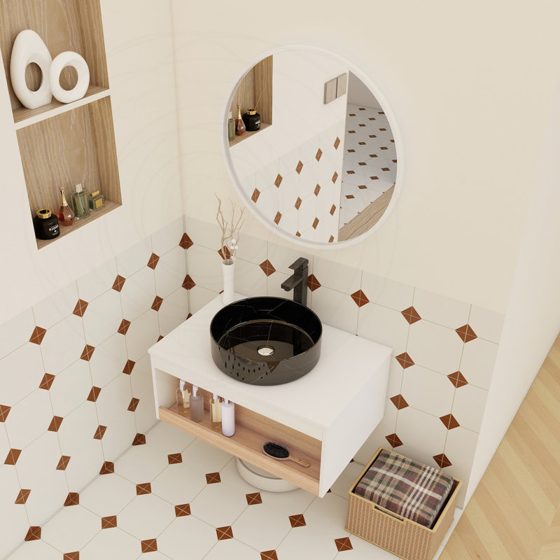 Meuble-lavabo flottant 30 po avec vasque en marbre noir, 29.53", Black Marble