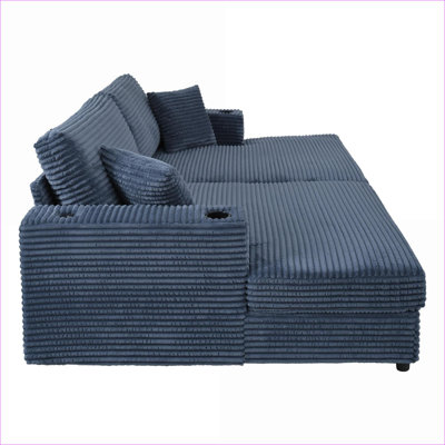 Sectional Sofas | 86.5" Oversized Modern Sleeper Chaise Lounge with USB Ports, Cup Holders for Living Room Bedroom | Blue | Corduroy