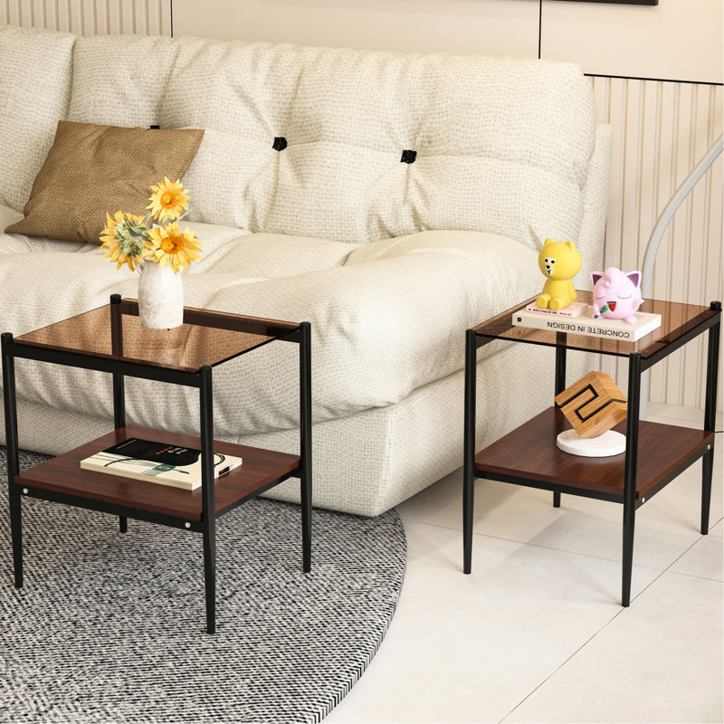 Table de bout Modern Living Room de 2 pièces en verre trempé gris et tablettes, Brun, Noir / brun