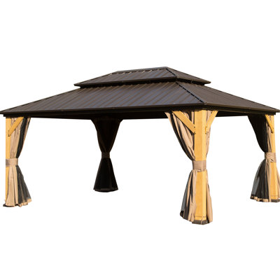 Gazebo en bois de 4,83 m de long x 3,62 m de large avec toit double en acier galvanisé pour profiter pleinement de votre patio et de votre cour arrière.