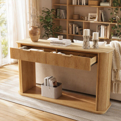 Console cannelée de 63 po avec dessus en faux travertin, table de canapé d'entrée avec garniture or rose, 2 tiroirs et tablette ouverte, table d'appoint de couloir moderne pour le salon