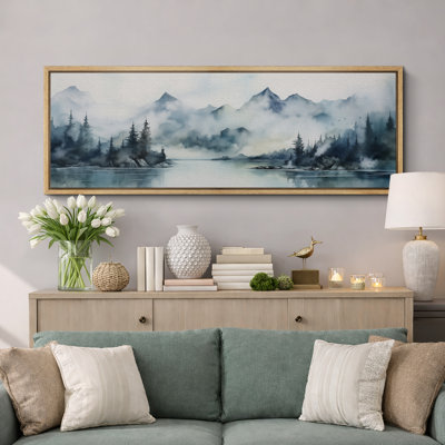 «Woodland Forest Landscape Mountain Lake Calm Misty Landscape Vintage Inspired Stripes Antique Retro Extra Large Wall Decor», reproduction encadrée