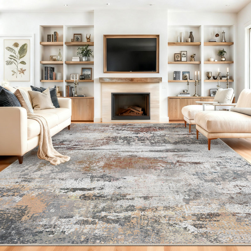Machine-washable, foldable, ultra-soft short-pile printed rug Modern abstract oil painting design in brown-red tones Suitable for living rooms, bedrooms, studies, and hotels Indoor carpet
