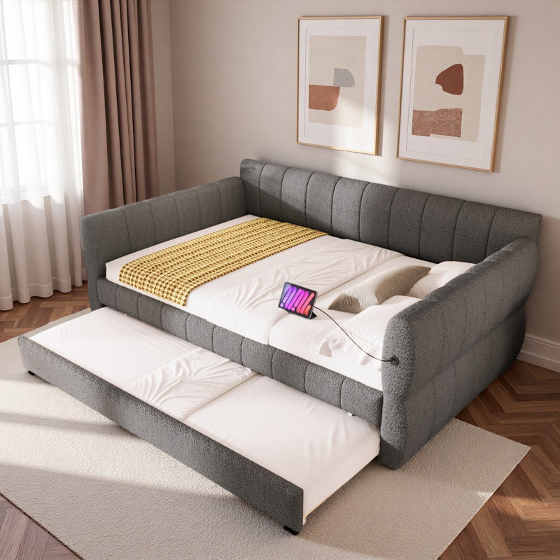 Upholstered Daybed With Usb And Trundle, Gray