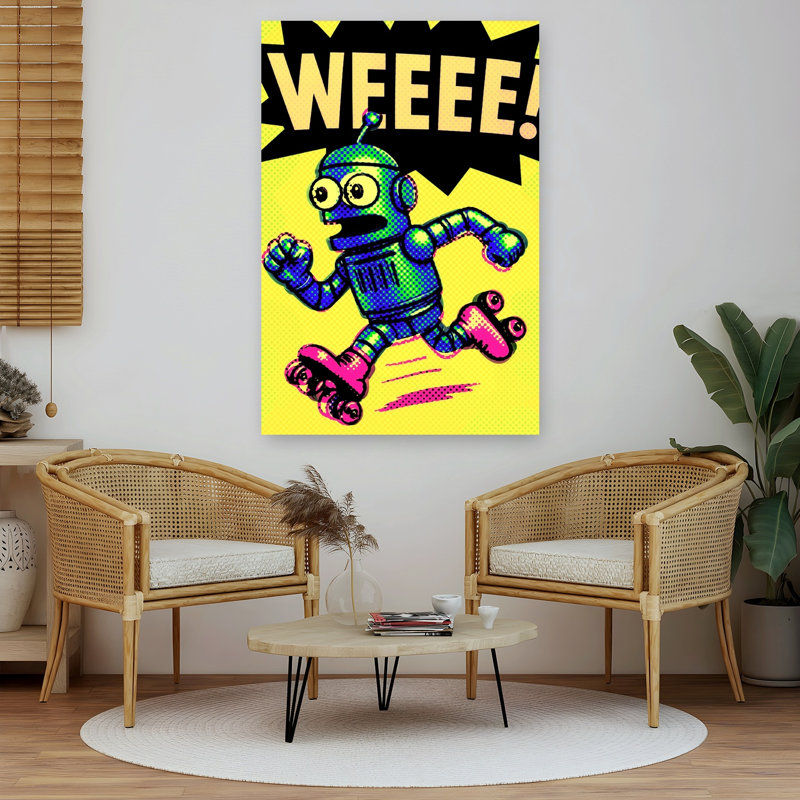 Joyful Robot Skates Colorful Retro Vibrant Wall Art Print 1 Piece Wrapped Canvas Wall Art, 152.4cm H x 101.6cm W