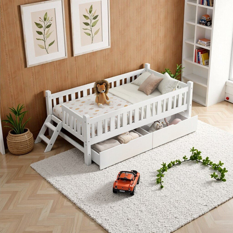 Élégant lit plateforme simple blanc avec garde-corps et 2 tiroirs - fabrication en bois massif robuste, aucun sommier tapissier requis