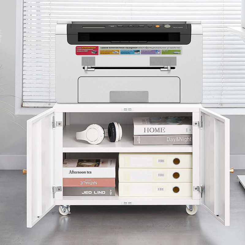 Office Furniture Copier Cabinet 2 Door Steel Copier Stand Mobile Pedestal File Printer Stand, White