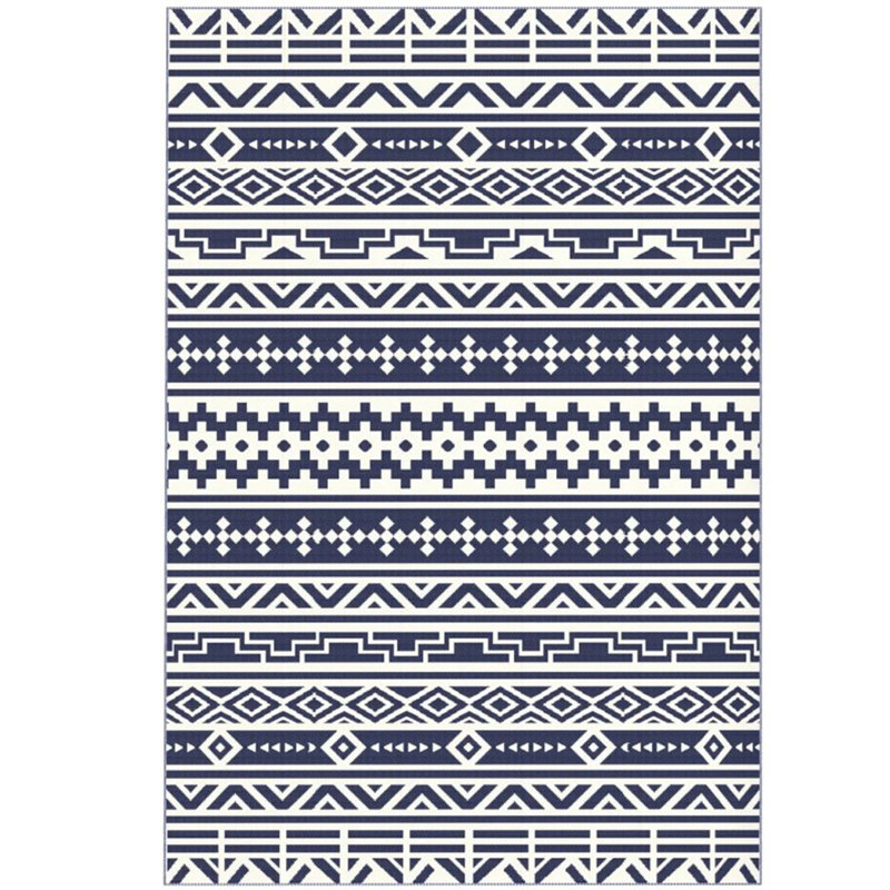 Geometric Style Reversible Outdoor Rug, Waterproof Plastic Straw with Carry Bag, White+Blue, Rectangle 6' x 9'