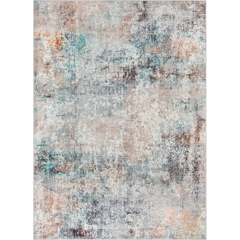 Tissé à plat abstrait bleu délavé à la machine Eustice Amesti, Rectangle 5 pi 3 po x 7 pi 3 po