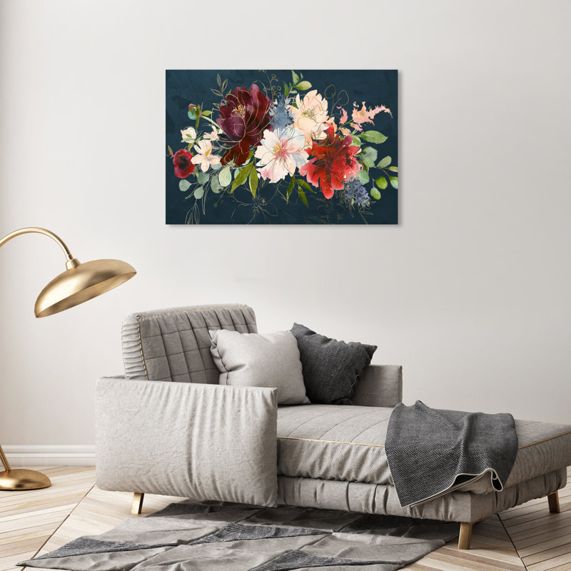 Automne floral bleu marine - Impression sur toile, H 24 po x l 36 po, Toile tendue