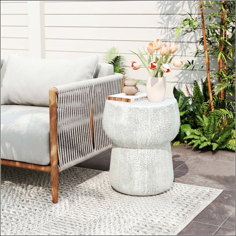 Double Barrel MGO Side Table with Cracked Texture, White